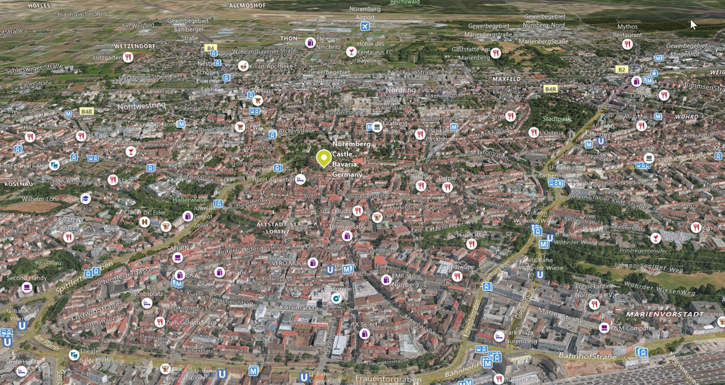 3D Map view of Nuremberg castle and surrounding old town or Altstadt