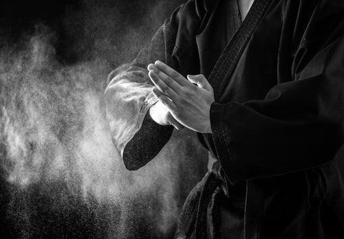 Black and white image of hands in a karate pose