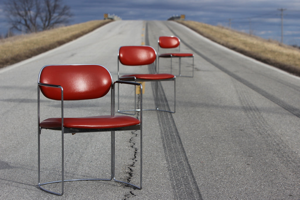 Mid Century Modern Red Vinyl and Chrome Chairs