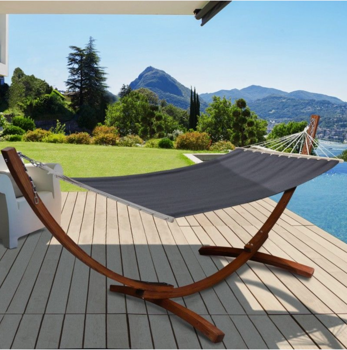 XL hangmat met houten en antracietgrijs doek - Grijs – Le coussin dodu