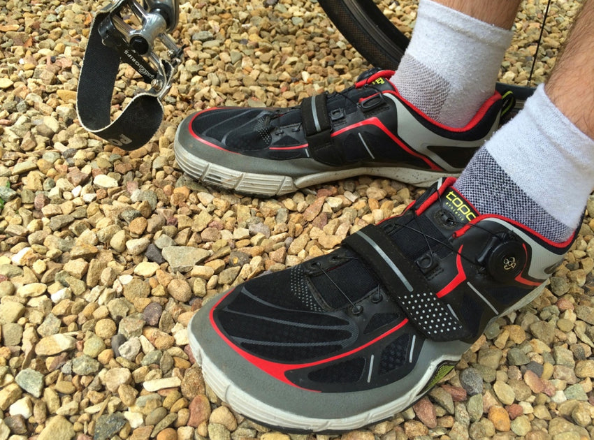 A foot-healthy cycling product combo: Wide toe box athletic shoes and Power Grips