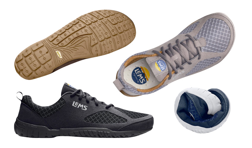 Studio shots of the Lems Primal 2 showing a variety of shoe orientations