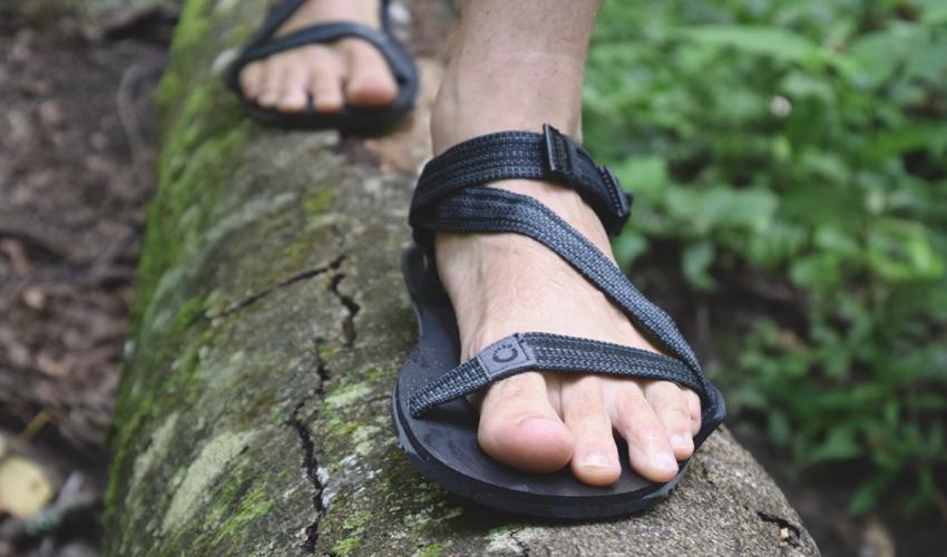 A person wearing Xero Z-Trail sports sandals walking on a log in the forest
