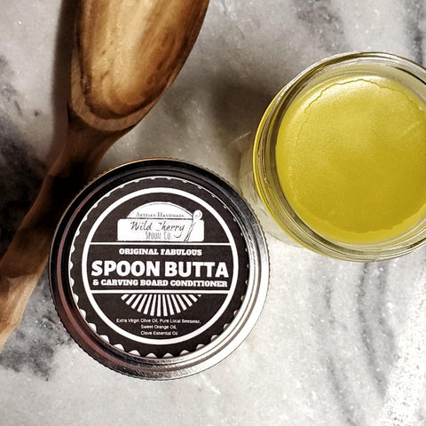 Our handmade spoon butta contains olive oil, beeswax, and sweet orange oil to condition and protect wood spoons and cutting boards.