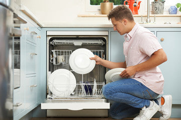 Person loading a plate into a dishwasher