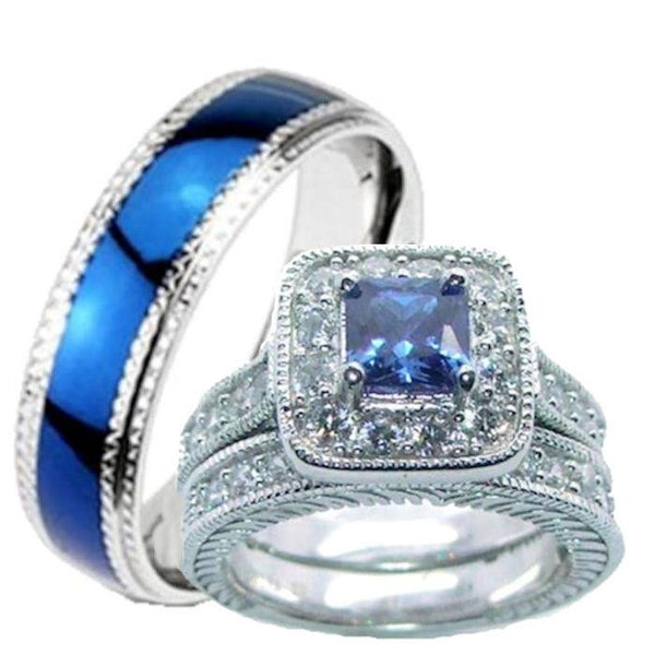 His Hers Blue Clear Cz Wedding Ring Set Sterling Silver And Stainless Steel Edwinearlscom