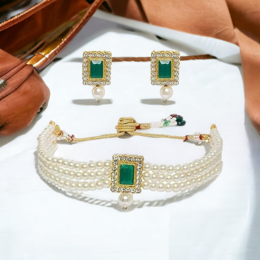 Ethnic White Pearl Square Green Stone Diana Party Victorian Bridal Choker Set