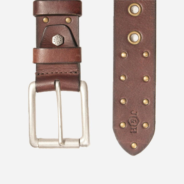 Men's Belts - Brass Stud Leather Mens Belt, Brown