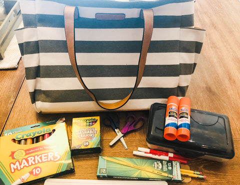 white elm gray stripe aquila tote bag teacher review with school supplies
