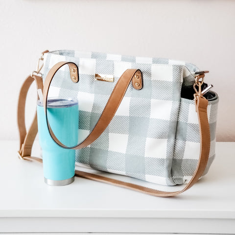 white elm gray buffalo check gingham plaid tote bag with rtic tumbler cup