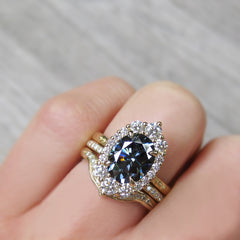 Iconic Grey Moissanite Sofia Ring with V-Band and Eleanor Diamond Wedding Bands in yellow gold