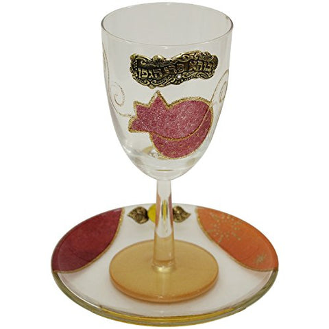 Glass Kiddush Cup with Plate  Applique - Red - Cup 6.5 inch High - Plate 5 inch x 5 inch