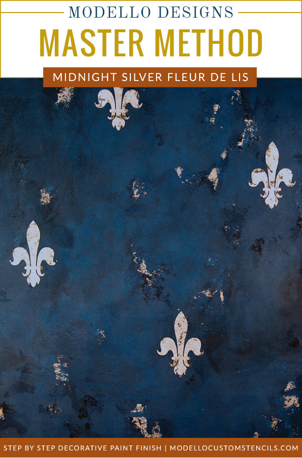 How to Stencil & Decorative Painting Plaster Tutorial: Midnight Blue Wall Finish & Silver Fleur de Lis Stencils