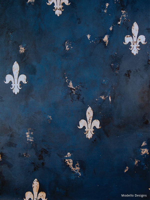 How to Stencil & Decorative Painting Plaster Tutorial: Midnight Blue Wall Finish & Silver Fleur de Lis Stencils