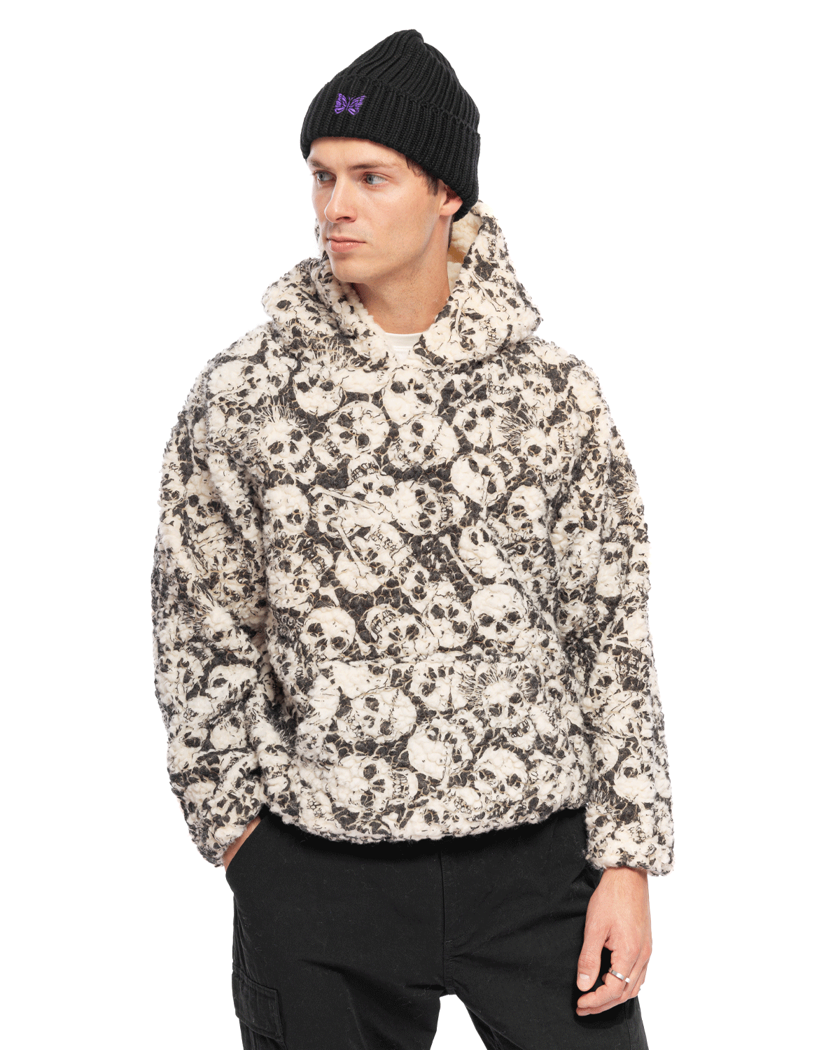 Skull Printed Vintage Fleece Hoodie Black