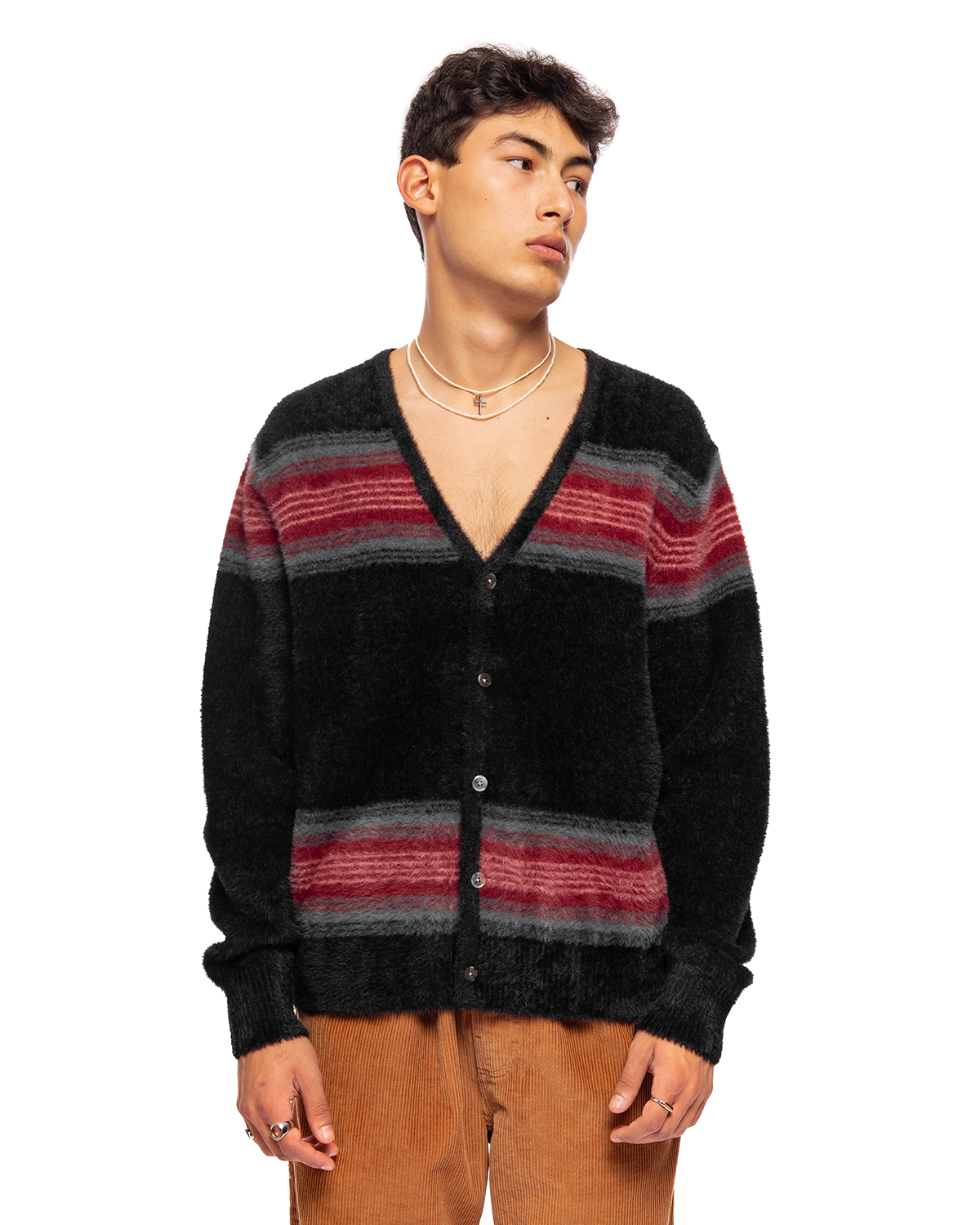 22FW STUSSY STRIPE SHAGGY CARDIGAN BLACK | sweatreno.com