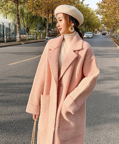 Winter pink plaid fleece coat Wool Blend coat Notched lapel drop