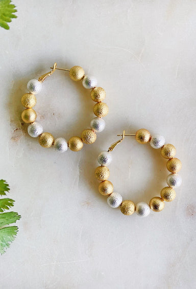 About Time Earrings in Multi, gold and silver beaded ball hoop earrings