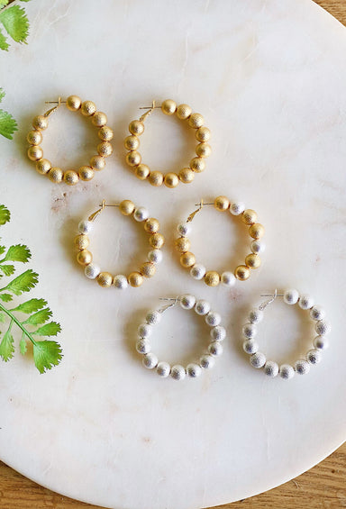 About Time Earrings in Multi, gold and silver beaded ball hoop earrings