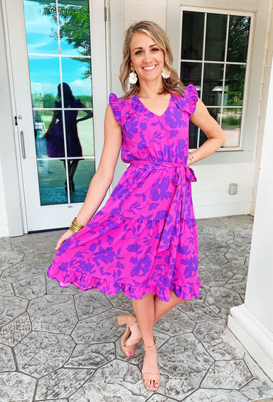 All The Love Floral Dress, purple floral dress, tie around the waist, ruffle overlay