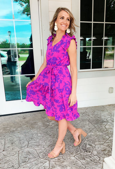 All The Love Floral Dress, purple floral dress, tie around the waist, ruffle overlay