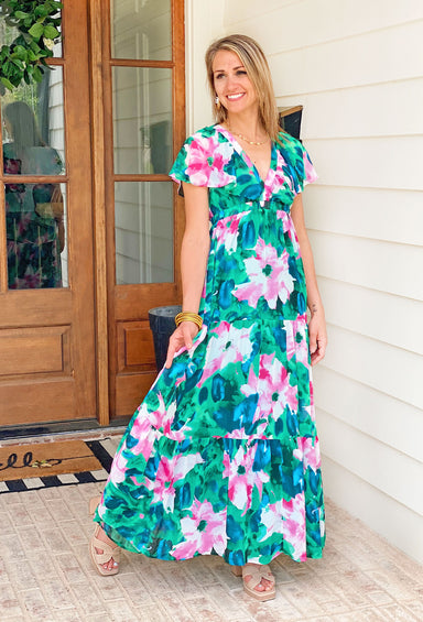 As It Was Floral Maxi Dress, tiered maxi dress with green and pink florals, v-neck detail and ruffle sleeves