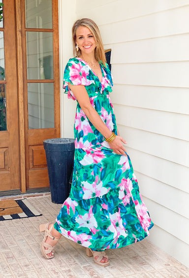 As It Was Floral Maxi Dress, tiered maxi dress with green and pink florals, v-neck detail and ruffle sleeves