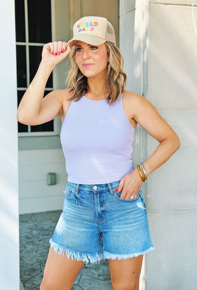 Astrid Ribbed Tank Top in Lavender, Light purple ribbed tank with built in bra