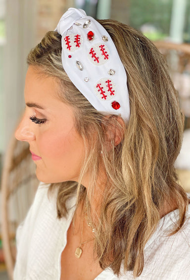 Baseball Beaded Headband, White headband featuring beaded baseball details and red and silver rhinestones