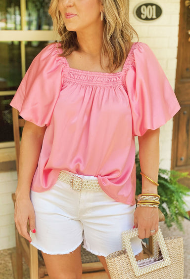 Been On My Mind Blouse in Pink, square neck with puff sleeves