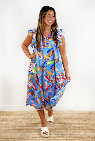 Caribbean Cruising Midi Dress, blue tiered midi dress with floral design