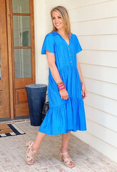 Caribbean Dreaming Midi Dress, blue tiered midi dress  with collared neck and buttons