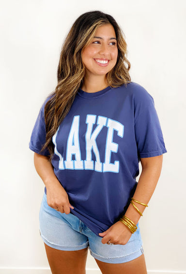 Charlie Southern: Lake Graphic Tee in Blue, blue tee with the word "lake" on front