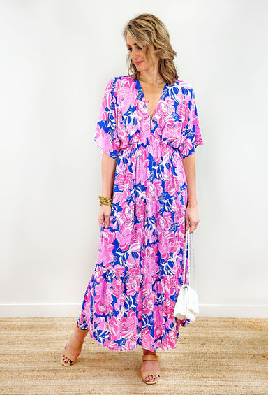 Dancing Queen Floral Maxi Dress, tiered pink and navy floral maxi dress
