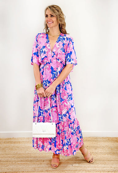 Dancing Queen Floral Maxi Dress, tiered pink and navy floral maxi dress