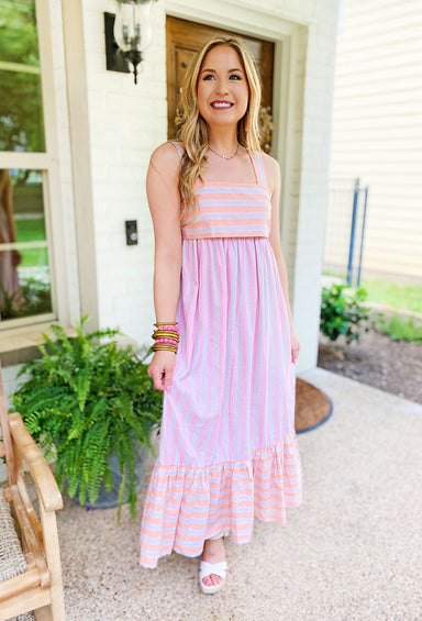 Destination Dreamy Maxi Dress, Midi dress featuring neutral and bright stripes, detailed bow tie in the back