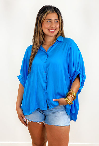 Ella Button Up Top in Azure, oversized blue button up top 