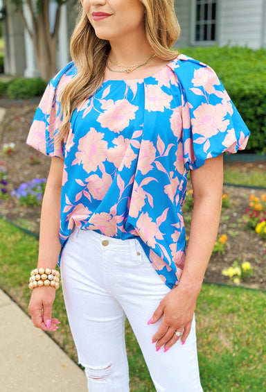 Forever Yours Floral Blouse, blue blouse with puff sleeves and a pink floral design