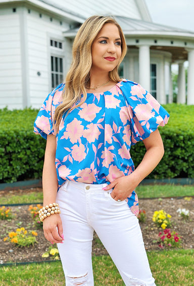 Forever Yours Floral Blouse, blue blouse with puff sleeves and a pink floral design