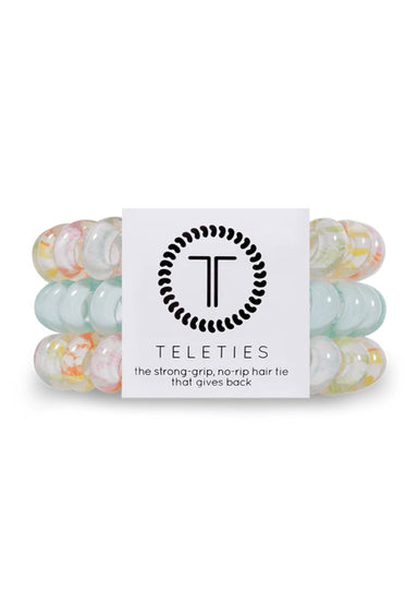 TELETIES Large Hair Ties - Garden Party, set of three large hair coils, light blue and white with pink and green detail