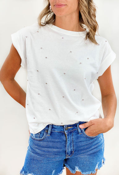Give me sparkle top. white tee detailed with glittering silver crystal and a thick shorter sleeve