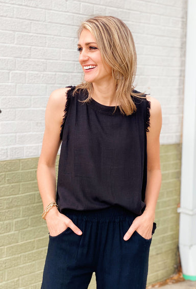 Good to Me Linen Top, black muscle tank top with raw hem sleeves and hem, button detail down back