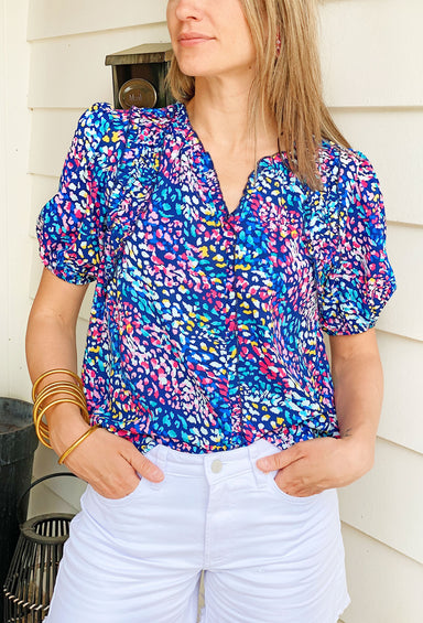 Happiest With You Blouse, navy blue blouse with white and rainbow leopard design