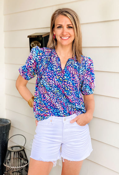 Happiest With You Blouse, navy blue blouse with white and rainbow leopard design