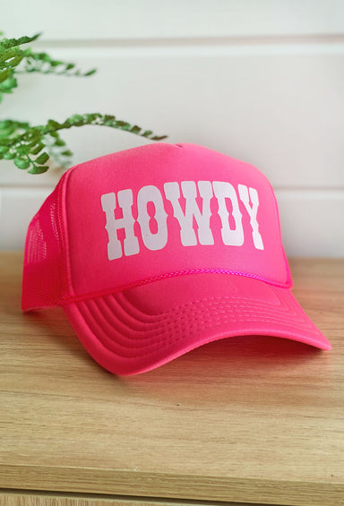 Howdy Trucker Hat, hot pink trucker hat with "howdy" on front