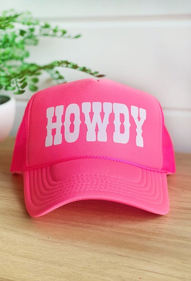 Howdy Trucker Hat, hot pink trucker hat with "howdy" on front