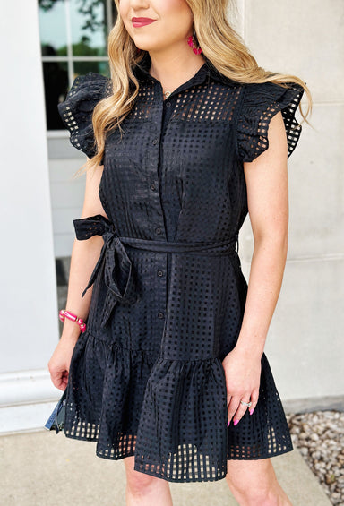 Isn't She Lovely Dress in Black, black two toned gingaham dress, ruffled sleeves, self tie detail around waist, button up detail