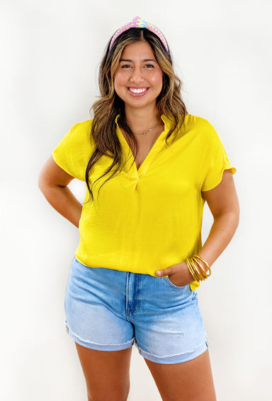 Kerry Blouse in Blazing Yellow, yellow v-neck short sleeve blouse