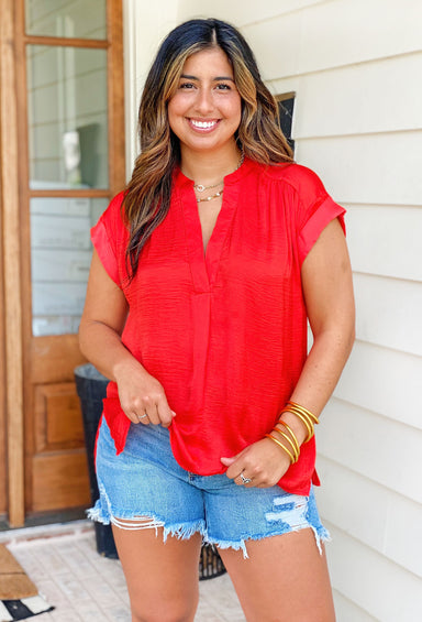 Kylie Blouse in Tomato Red, Red satin short sleeve blouse, Low V neckline