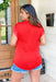 Kylie Blouse in Tomato Red, Red satin short sleeve blouse, Low V neckline
